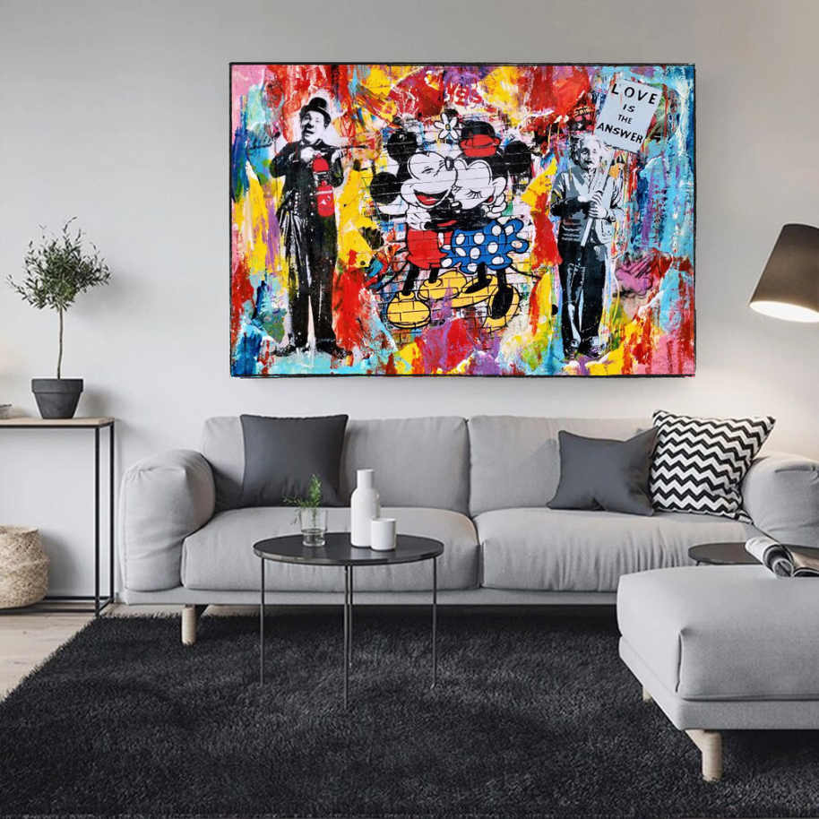 Banksy Love is the Answer Canvas Wall Art - Mickey, Minnie, Chaplin, Einstein-MinimalisticDecor.com