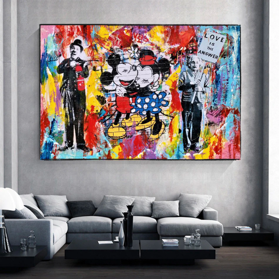 Banksy Love is the Answer Canvas Wall Art - Mickey, Minnie, Chaplin, Einstein-MinimalisticDecor.com