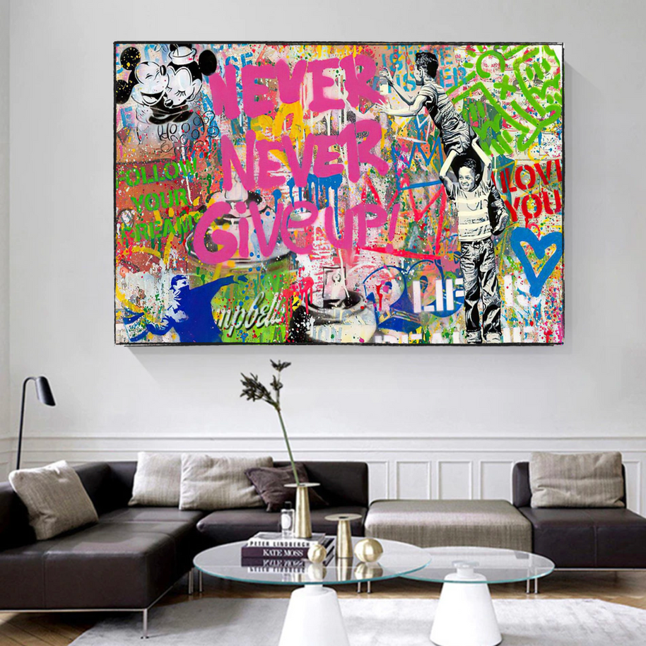Banksy Never Give Up Icons Canvas Wall Art-MinimalisticDecor.com