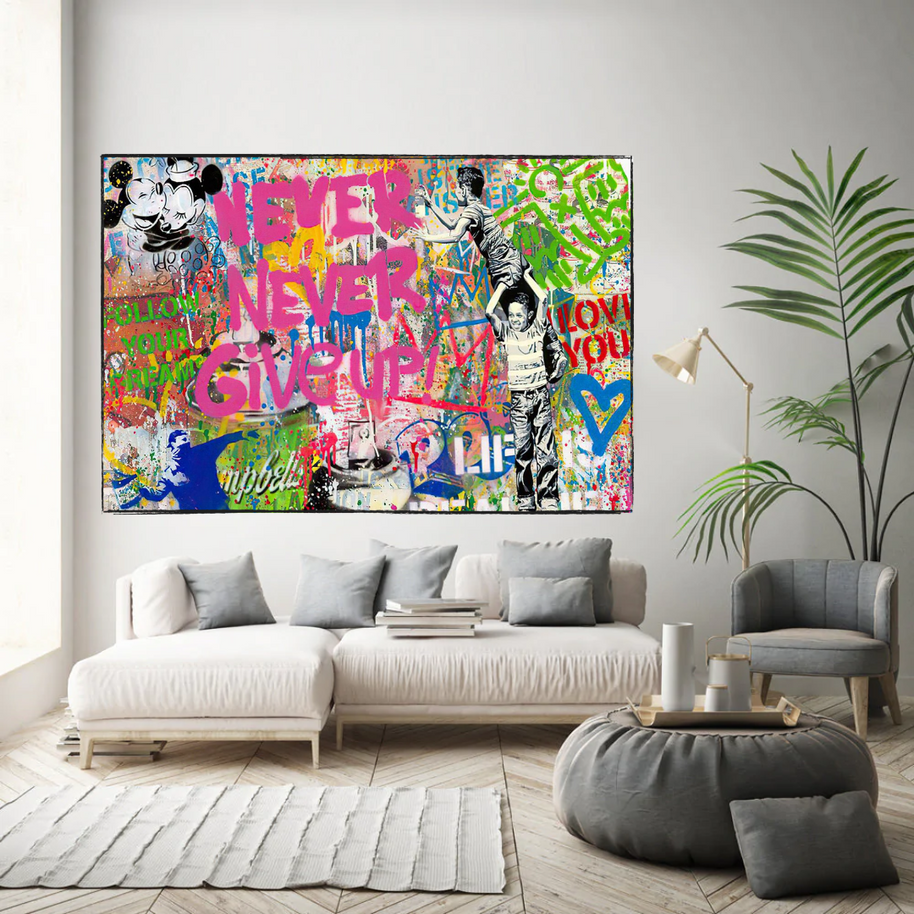 Banksy Never Give Up Icons Canvas Wall Art-MinimalisticDecor.com