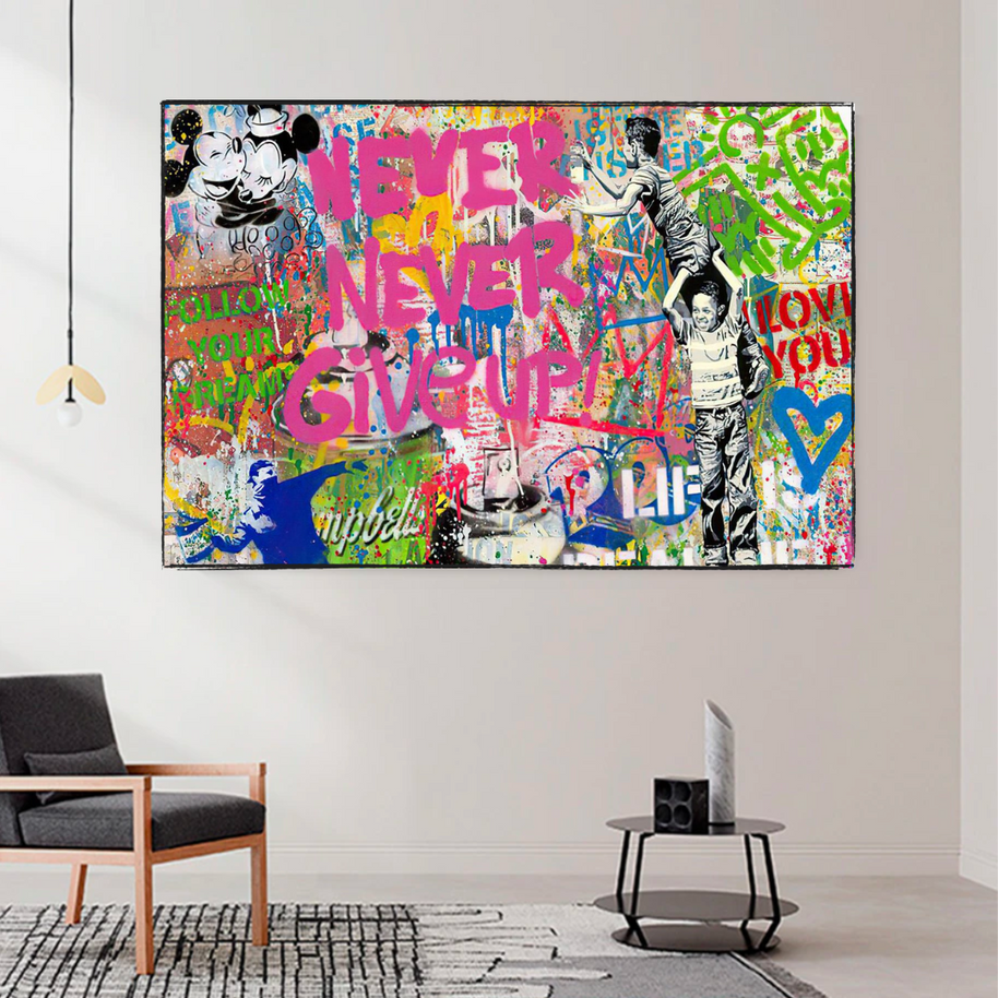 Banksy Never Give Up Icons Canvas Wall Art-MinimalisticDecor.com