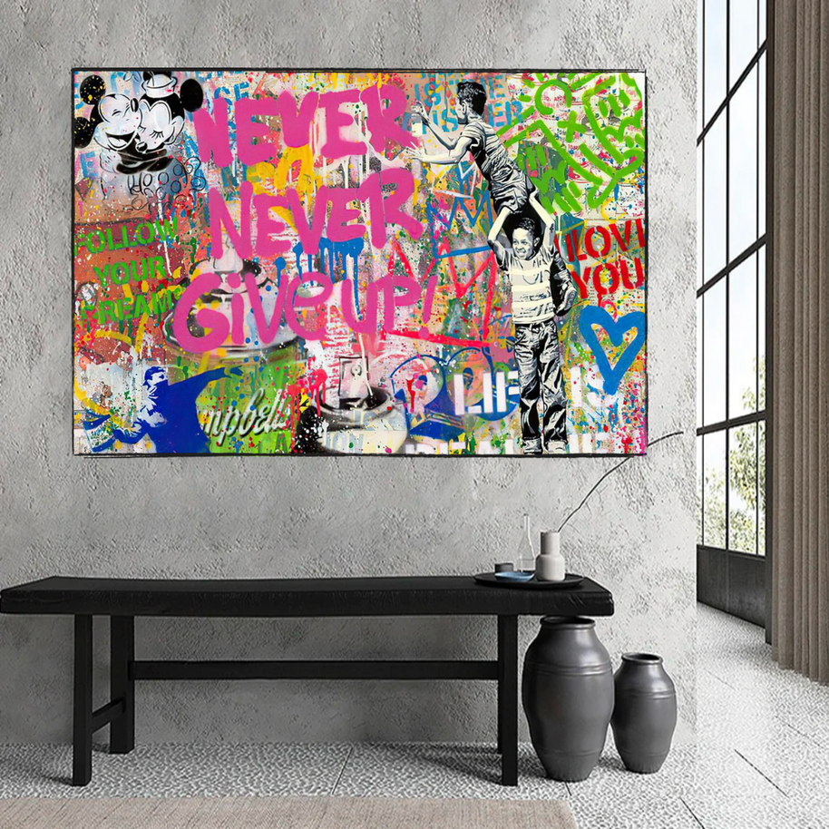 Banksy Never Give Up Icons Canvas Wall Art-MinimalisticDecor.com