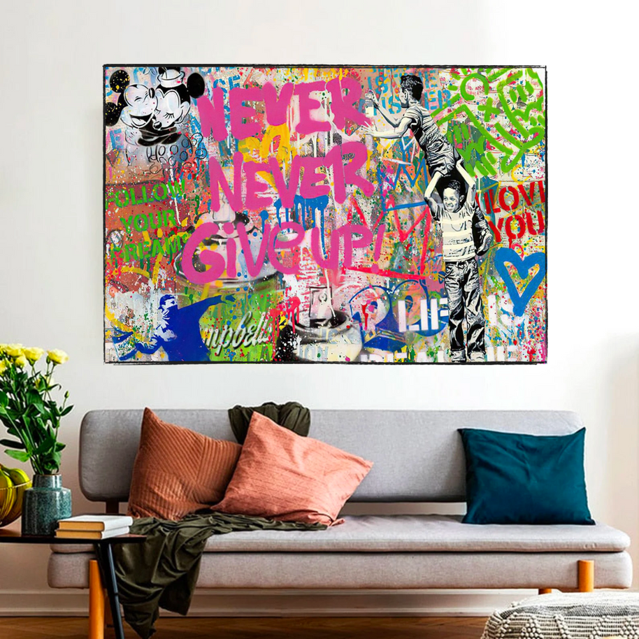 Banksy Never Give Up Icons Canvas Wall Art-MinimalisticDecor.com