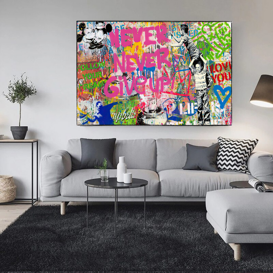 Banksy Never Give Up Icons Canvas Wall Art-MinimalisticDecor.com