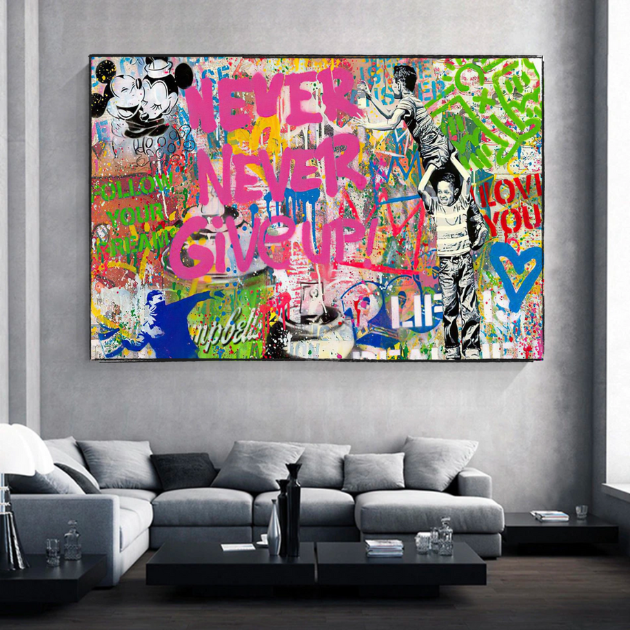 Banksy Never Give Up Icons Canvas Wall Art-MinimalisticDecor.com