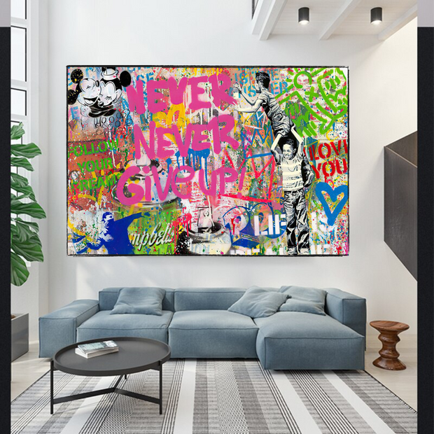 Banksy Never Give Up Icons Canvas Wall Art-MinimalisticDecor.com