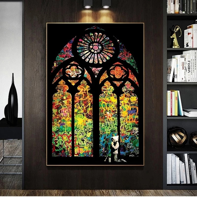 Banksy Stained Glass Canvas Wall Art-MinimalisticDecor.com