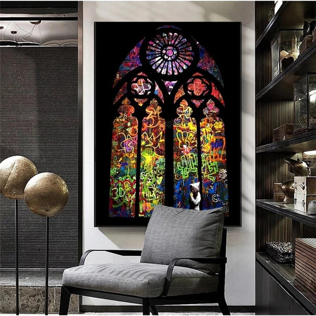 Banksy Stained Glass Canvas Wall Art-MinimalisticDecor.com