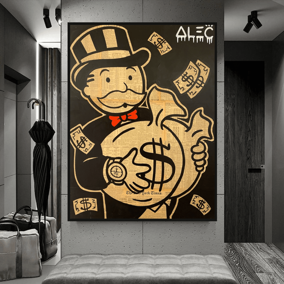 Black and White Money Bags - Alec Monopoly Wall Art-MinimalisticDecor.com