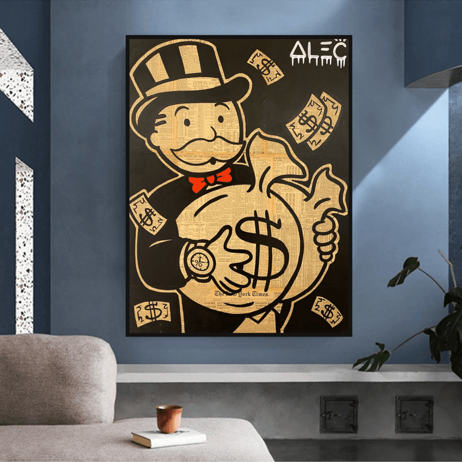 Black and White Money Bags - Alec Monopoly Wall Art-MinimalisticDecor.com