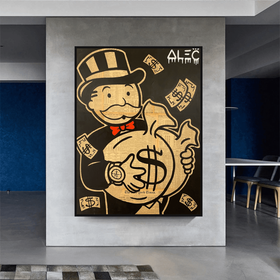 Black and White Money Bags - Alec Monopoly Wall Art-MinimalisticDecor.com