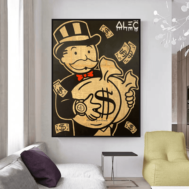 Black and White Money Bags - Alec Monopoly Wall Art-MinimalisticDecor.com