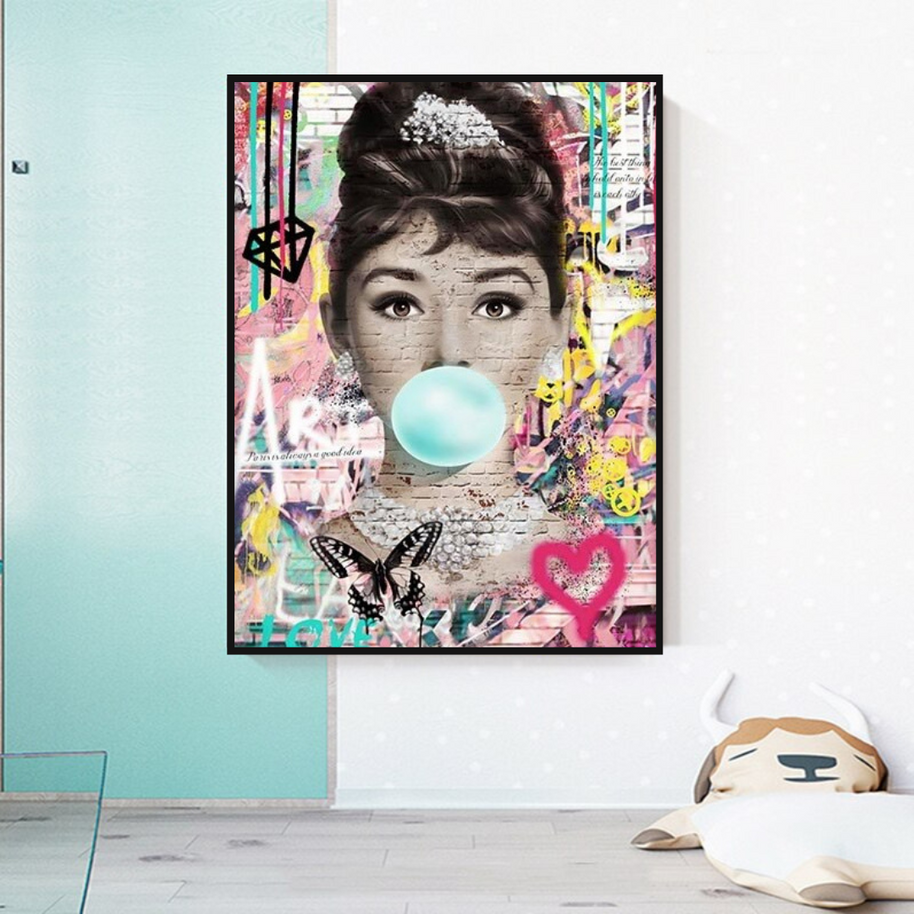 Blowing Bubbles: Audrey Hepburn Canvas Wall Art-MinimalisticDecor.com