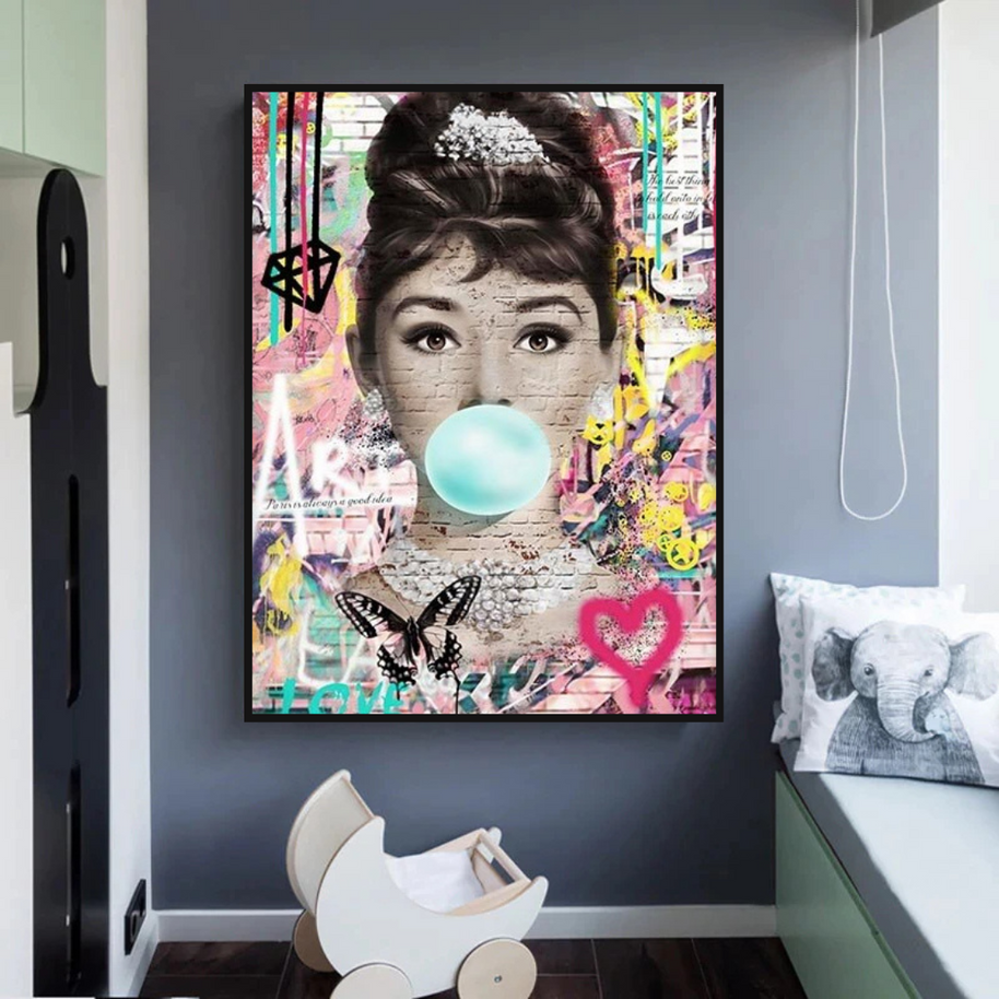 Blowing Bubbles: Audrey Hepburn Canvas Wall Art-MinimalisticDecor.com