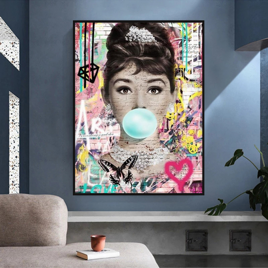 Blowing Bubbles: Audrey Hepburn Canvas Wall Art-MinimalisticDecor.com