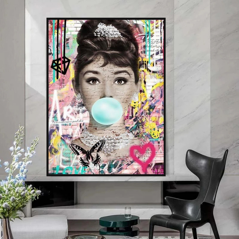 Blowing Bubbles: Audrey Hepburn Canvas Wall Art-MinimalisticDecor.com