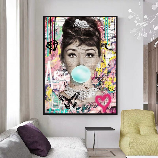Blowing Bubbles: Audrey Hepburn Canvas Wall Art-MinimalisticDecor.com