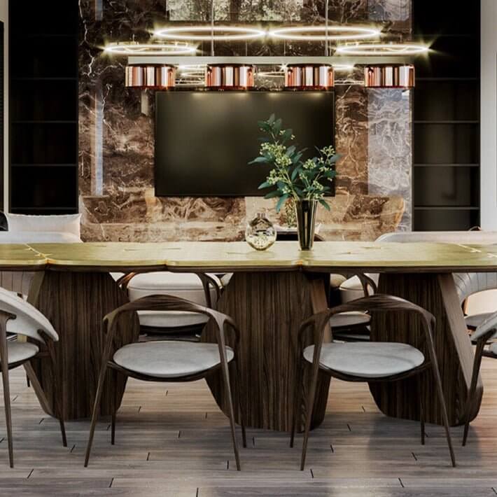 Brass Wallnut Wood Designer Dining Table-MinimalisticDecor.com