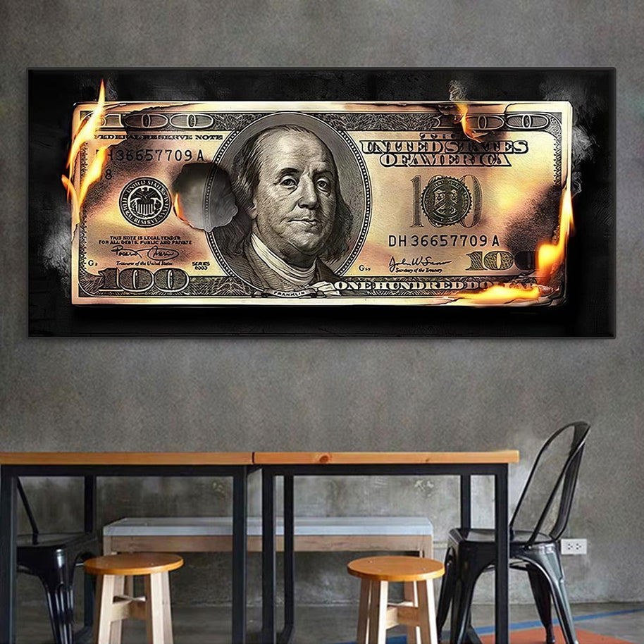 Burning 100 Dollar Bill Canvas Wall Art-MinimalisticDecor.com
