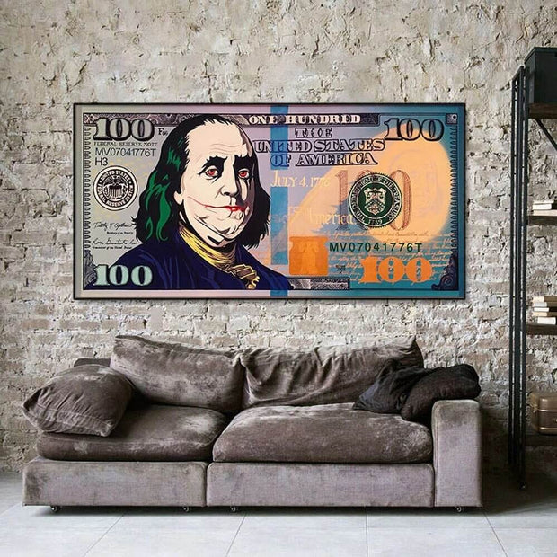 Burning 100 Dollar Bill Joker Canvas Wall Art-MinimalisticDecor.com