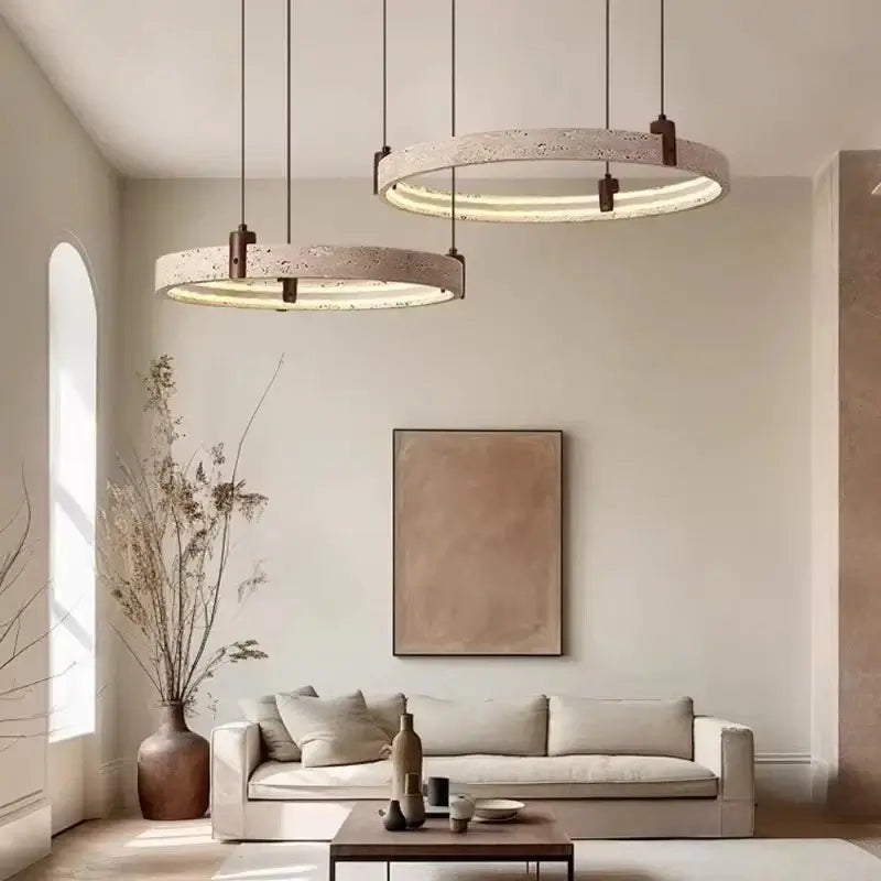 Cave Stone Ring Pendant Chandelier – Polished Steel &amp; Yellow Stone Finish-MinimalisticDecor.com