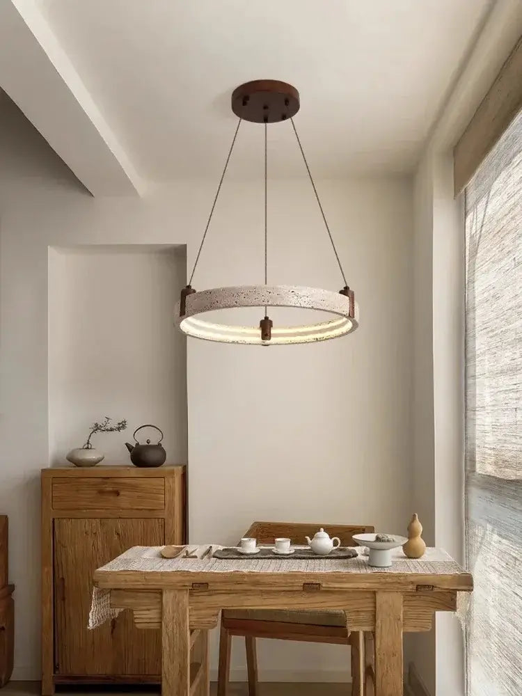 Cave Stone Ring Pendant Chandelier – Polished Steel &amp; Yellow Stone Finish-MinimalisticDecor.com