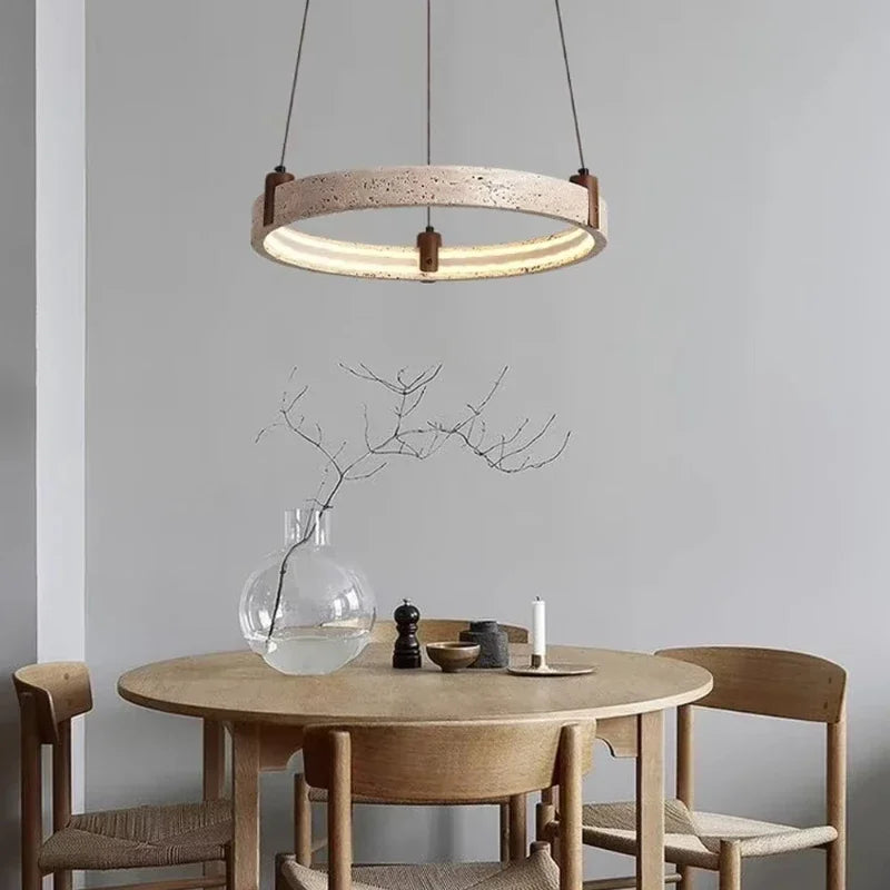Cave Stone Ring Pendant Chandelier – Polished Steel &amp; Yellow Stone Finish-MinimalisticDecor.com
