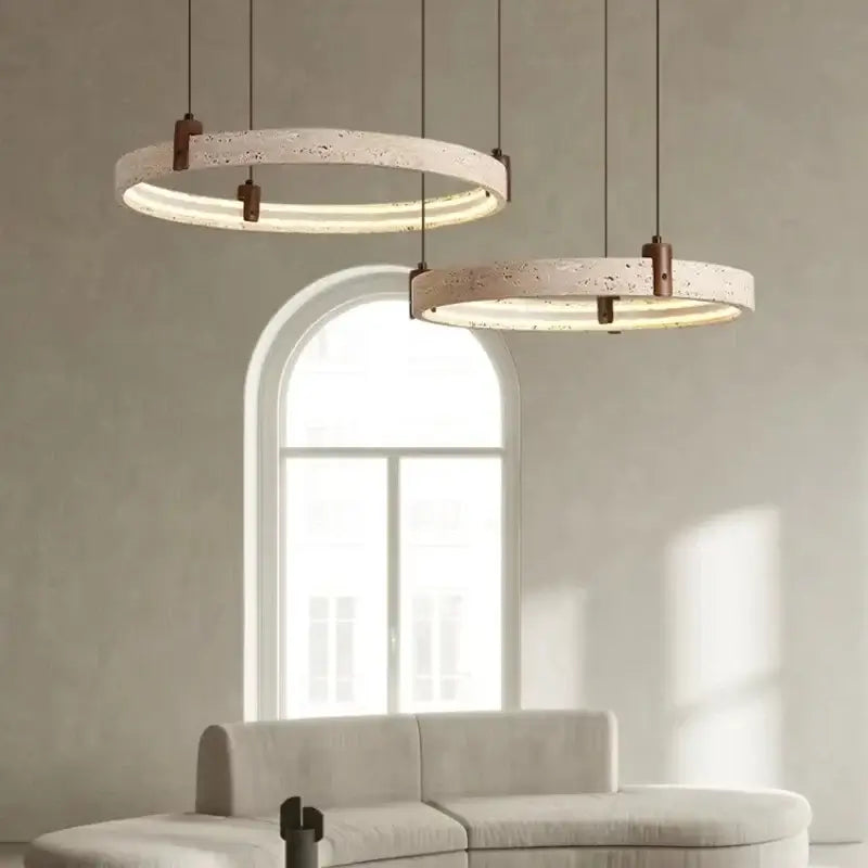 Cave Stone Ring Pendant Chandelier – Polished Steel &amp; Yellow Stone Finish-MinimalisticDecor.com