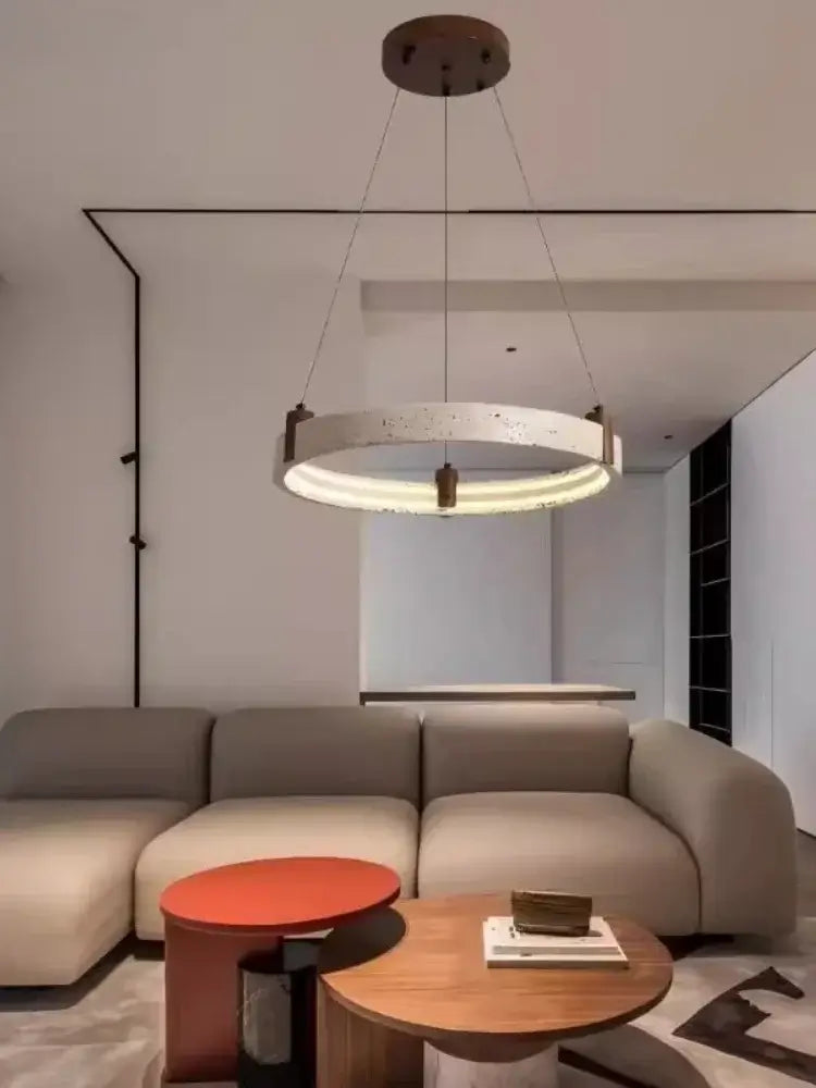 Cave Stone Ring Pendant Chandelier – Polished Steel &amp; Yellow Stone Finish-MinimalisticDecor.com