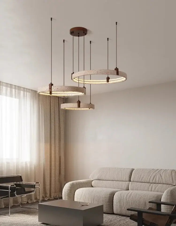 Cave Stone Ring Pendant Chandelier – Polished Steel &amp; Yellow Stone Finish-MinimalisticDecor.com