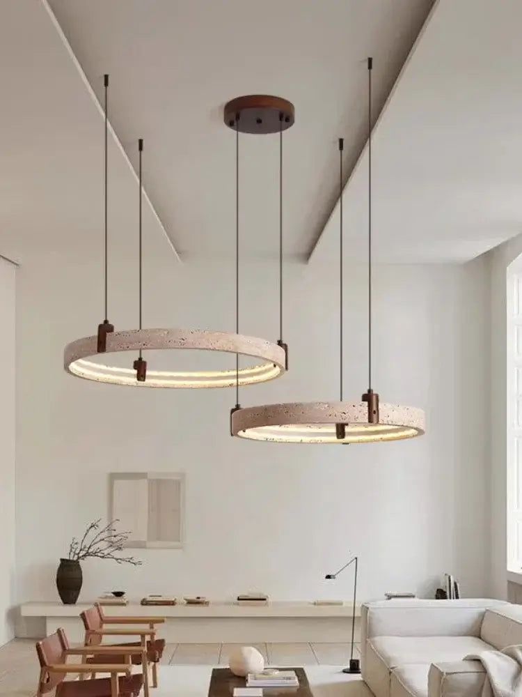 Cave Stone Ring Pendant Chandelier – Polished Steel &amp; Yellow Stone Finish-MinimalisticDecor.com