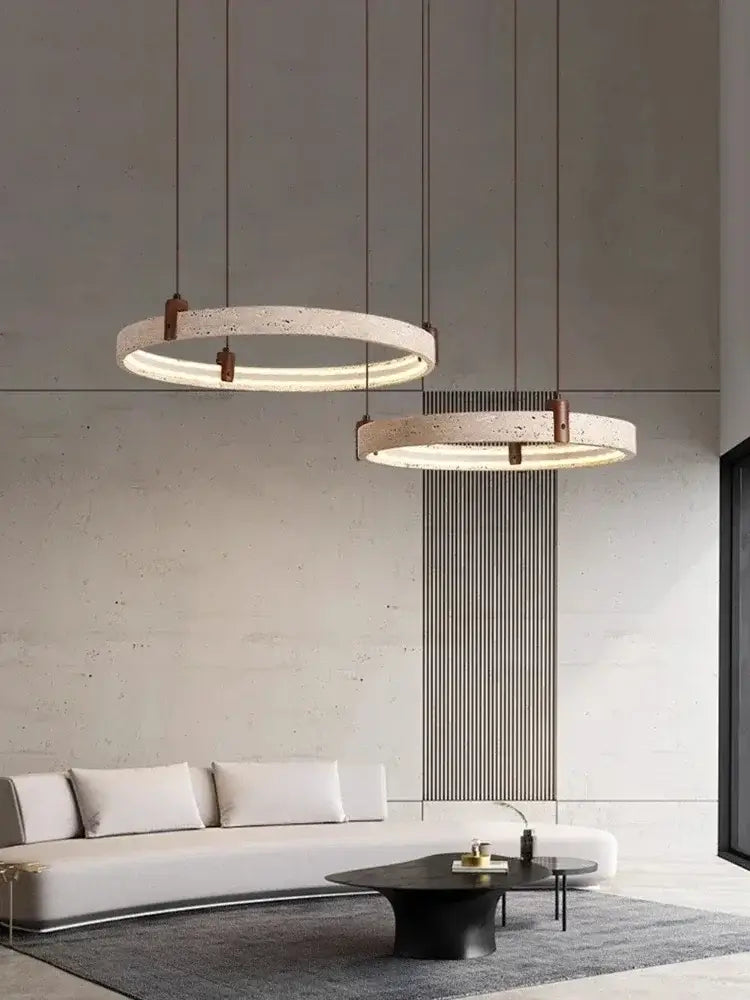 Cave Stone Ring Pendant Chandelier – Polished Steel &amp; Yellow Stone Finish-MinimalisticDecor.com