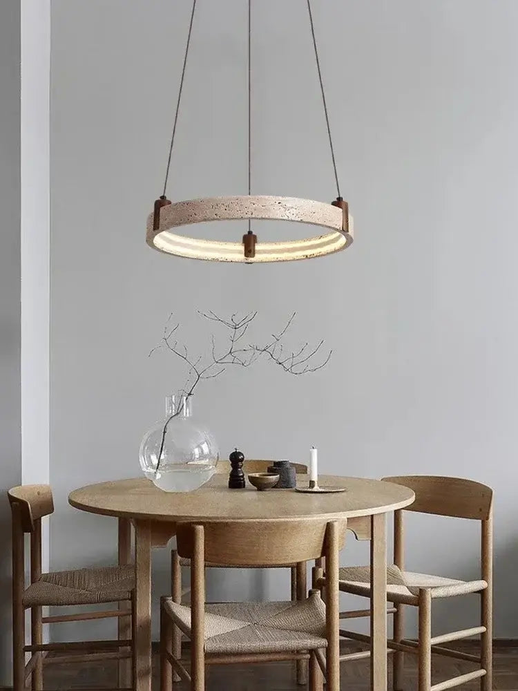 Cave Stone Ring Pendant Chandelier – Polished Steel &amp; Yellow Stone Finish-MinimalisticDecor.com