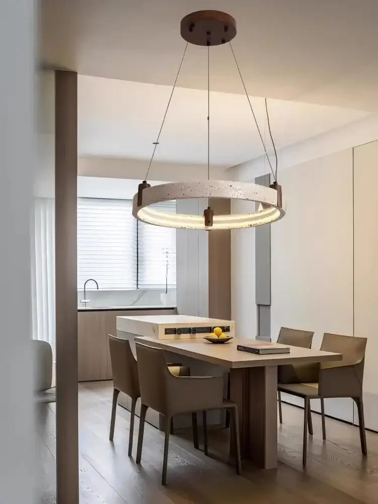Cave Stone Ring Pendant Chandelier – Polished Steel &amp; Yellow Stone Finish-MinimalisticDecor.com