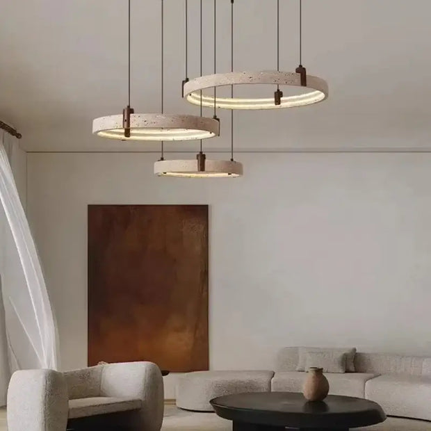 Cave Stone Ring Pendant Chandelier – Polished Steel &amp; Yellow Stone Finish-MinimalisticDecor.com