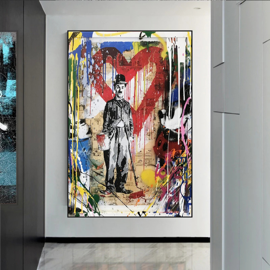 Charlie Chaplin & Mickey Mouse: A Playful Graffiti Canvas Wall Art-MinimalisticDecor.com