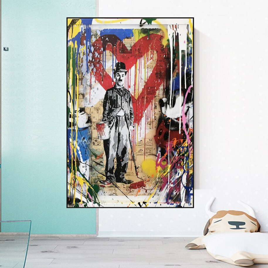 Charlie Chaplin & Mickey Mouse: A Playful Graffiti Canvas Wall Art-MinimalisticDecor.com