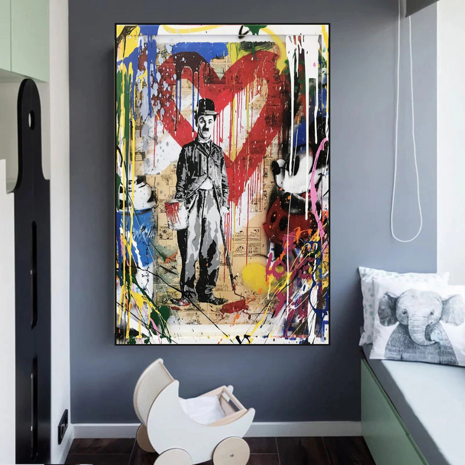 Charlie Chaplin & Mickey Mouse: A Playful Graffiti Canvas Wall Art-MinimalisticDecor.com