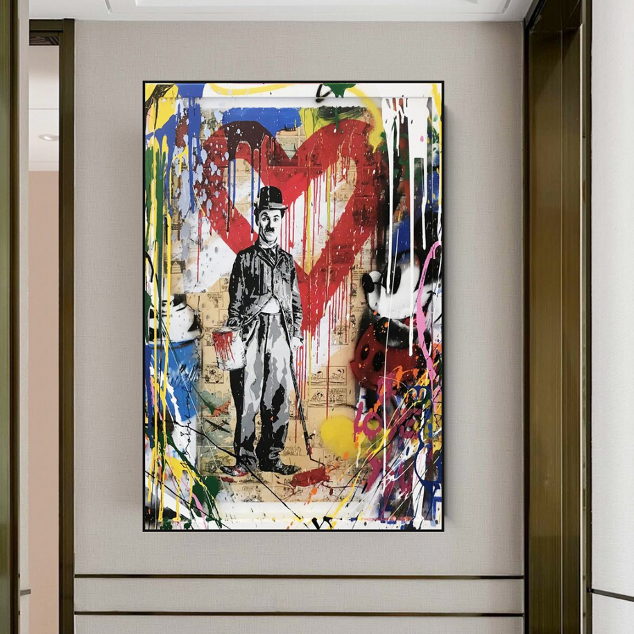 Charlie Chaplin & Mickey Mouse: A Playful Graffiti Canvas Wall Art-MinimalisticDecor.com