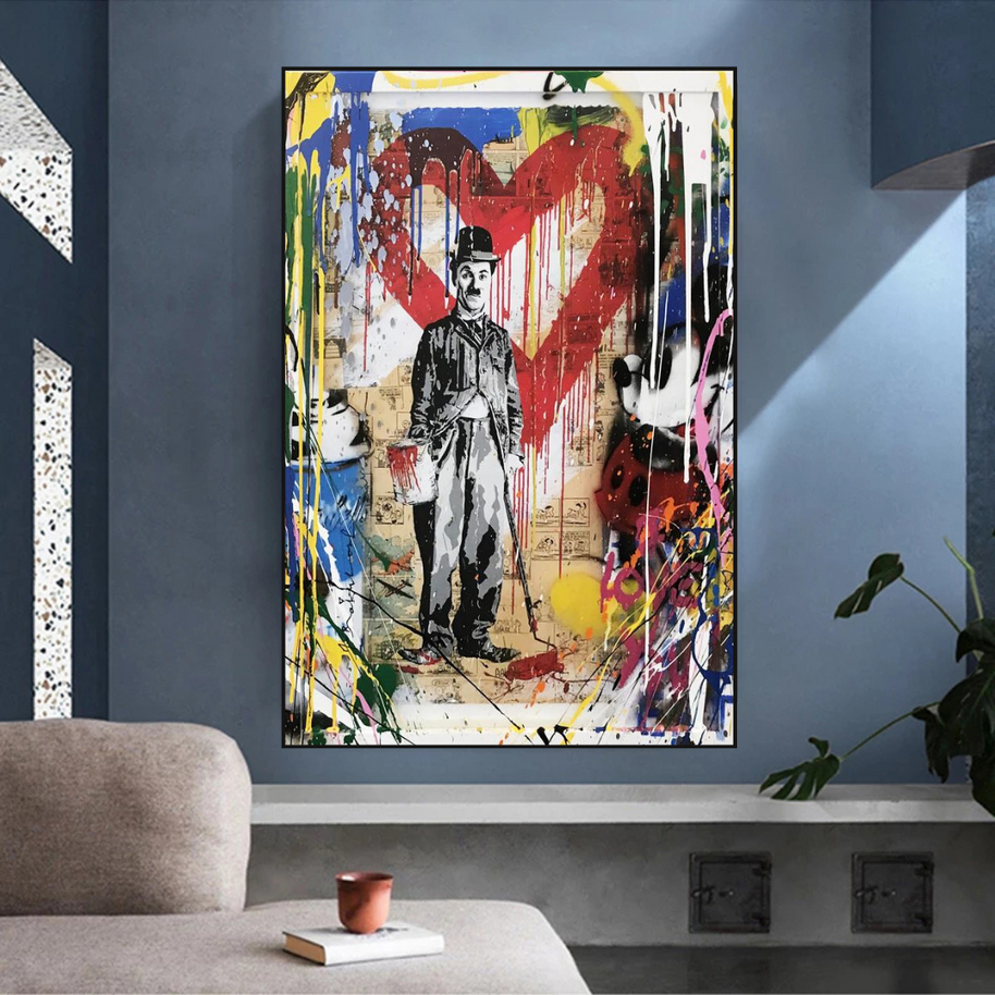 Charlie Chaplin & Mickey Mouse: A Playful Graffiti Canvas Wall Art-MinimalisticDecor.com