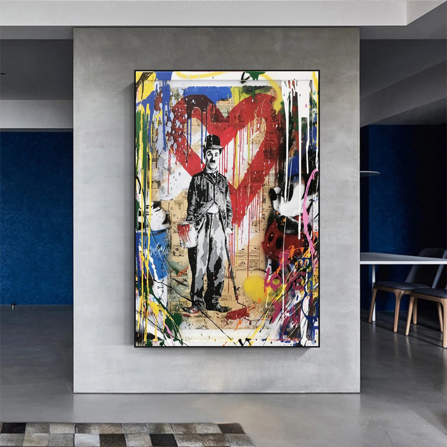 Charlie Chaplin & Mickey Mouse: A Playful Graffiti Canvas Wall Art-MinimalisticDecor.com
