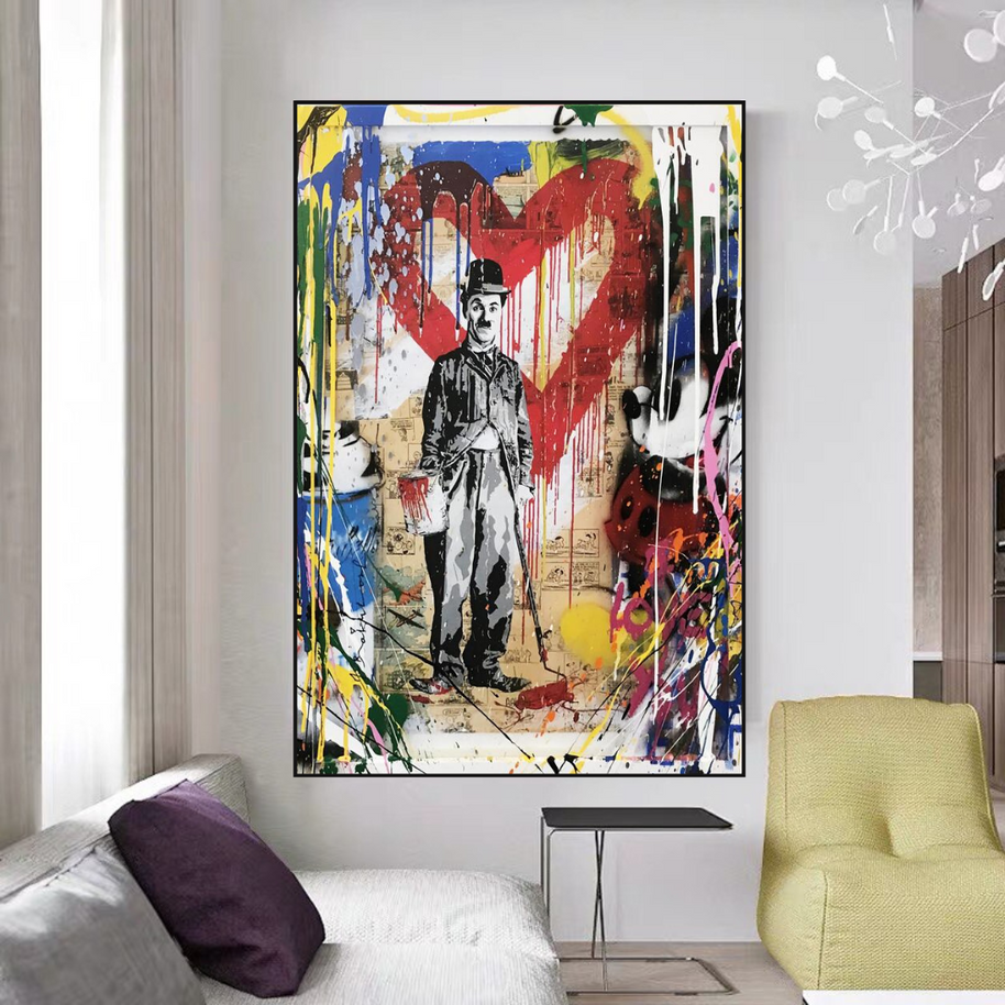 Charlie Chaplin & Mickey Mouse: A Playful Graffiti Canvas Wall Art-MinimalisticDecor.com