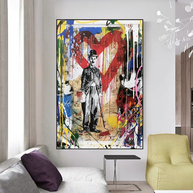 Charlie Chaplin & Mickey Mouse: A Playful Graffiti Canvas Wall Art-MinimalisticDecor.com