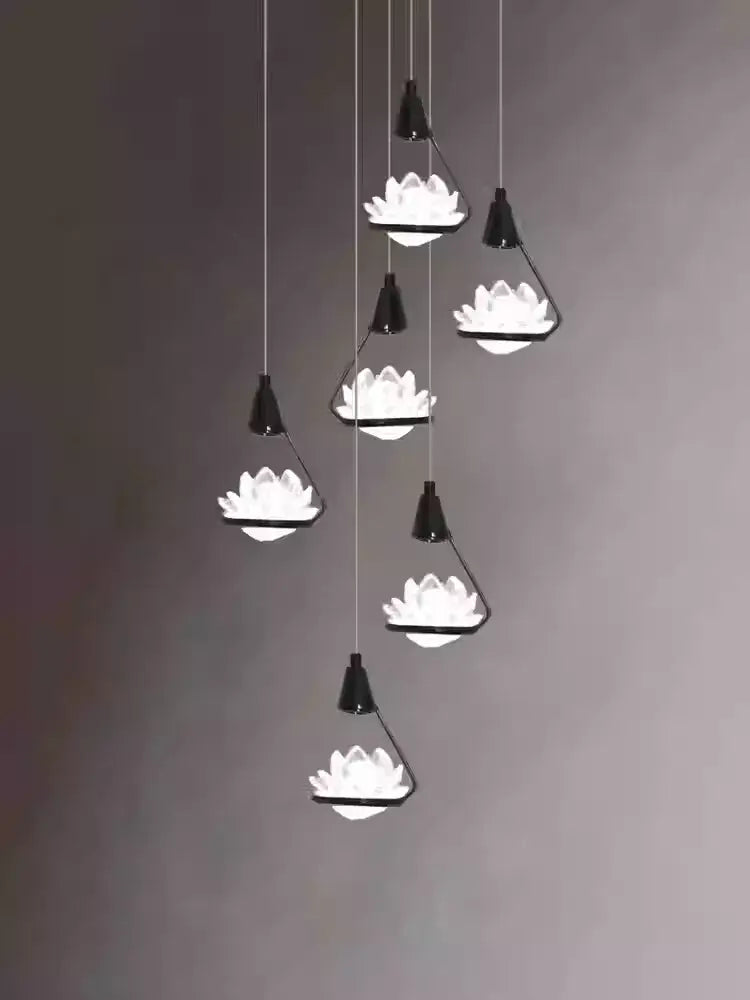 Crystal Lotus Flower Staircase Chandelier – Luxury Multi-Head Pendant Lighting-MinimalisticDecor.com