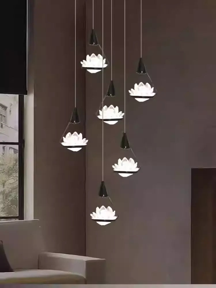 Crystal Lotus Flower Staircase Chandelier – Luxury Multi-Head Pendant Lighting-MinimalisticDecor.com