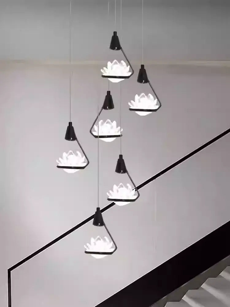 Crystal Lotus Flower Staircase Chandelier – Luxury Multi-Head Pendant Lighting-MinimalisticDecor.com