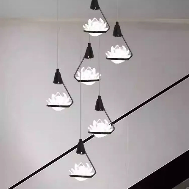 Crystal Lotus Flower Staircase Chandelier – Luxury Multi-Head Pendant Lighting-MinimalisticDecor.com
