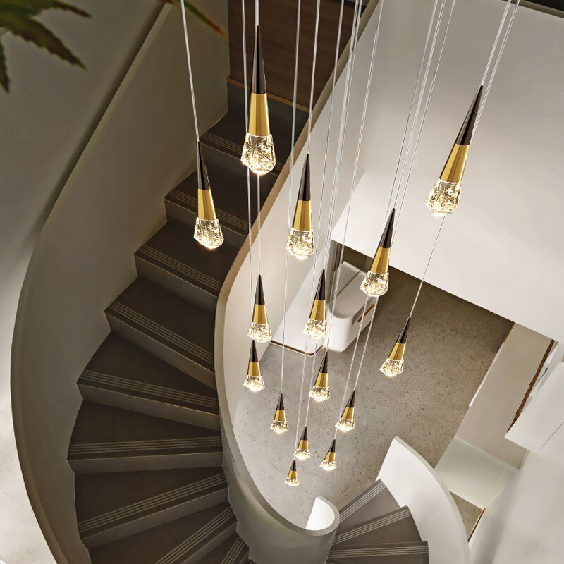 Crystal Spiral Cones Staircase Chandelier – Modern LED Lighting for High Ceilings-MinimalisticDecor.com