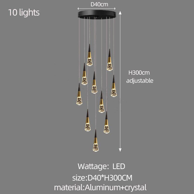 Crystal Spiral Cones Staircase Chandelier – Modern LED Lighting for High Ceilings-MinimalisticDecor.com