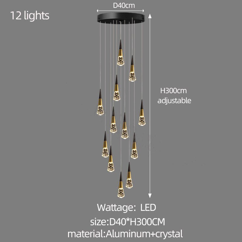 Crystal Spiral Cones Staircase Chandelier – Modern LED Lighting for High Ceilings-MinimalisticDecor.com